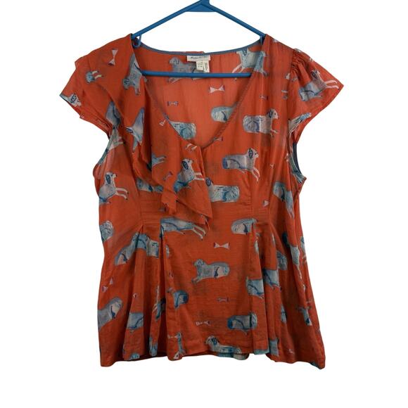 Anthropologie Meadow Rue Orange Dog Print Blouse 10P Ruffle Pleated Sheer Cotton - Picture 2 of 15